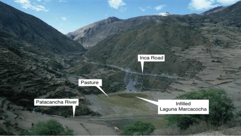 General view north-eastwards up the Patacancha Valley over the infilled Laguna Marcacocha. Notice the concentration of pasture adjacent to Marcacocha, the density of surrounding Inca and pre-Incan terraces across the landscape and the proximity of the Inca road, less than 50m to the east, which connects the selva with the sierra.