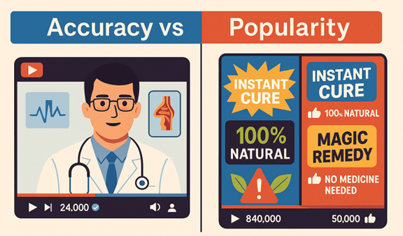 Figure 2. Accuracy vs. Popularity: The study found that YouTube videos with the most reliable medical information rarely attract the highest views, while sensational or simplified ones dominate engagement.
