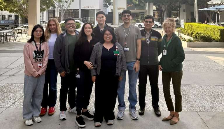 Figure 2. Medina-Kauwe lab group showing (from left to right): Wenying Xiong, MD; Abby Wiesenthal, Research Associate; Thomas Mota, PhD; Rebecca Benhaghnazar, PhD; Sun Woo Kim, PhD candidate; Nelyda Gonzalez Almeyda, Lab Manager; Joseph Aceves, Research Associate; Amirhesam Babajani, MD; Lali Medina-Kauwe, PI; lab members not shown: Kristin Ishaya, Research Associate; Giorgia Guerra, PhD candidate. Credit. Author