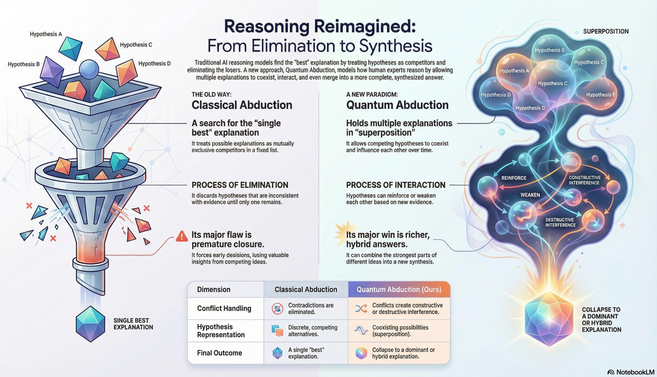 Figure 1. Classical abduction (left) funnels competing hypotheses toward a single survivor; quantum abduction (right) allows them to coexist, interact, and merge into richer, hybrid explanations. Credit. MDPI
