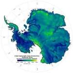Figure 5. Subglacial topography of the Antarctic continent inferred from Ice Flow Perturbation Analysis (IFPA) of ice sheet surface morphology mapped by orbiting satellites (Ockenden et al. 2026). Bedrock relief of 4−6,000 m (13,000−20,000 ft) is widespread beneath the Antarctic Ice Sheet, including tectonically stable East Antarctica. Preglacial bedrock topography was enhanced by erosion of steep-walled valleys (dark blue) by fast-flowing ice streams, while mountains (yellow) that project upward into colder ice have been little eroded. The bedrock surface would rise hundreds of meters in elevation if the load of the ice sheet was removed by melting. Image courtesy: American Association for the Advancement of Science.
