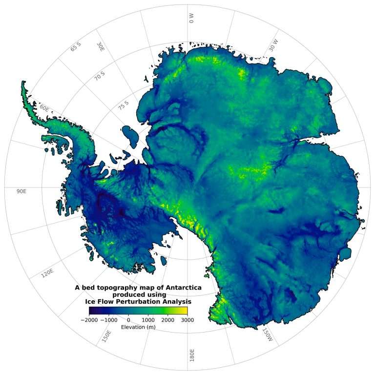 Figure 5. Subglacial topography of the Antarctic continent inferred from Ice Flow Perturbation Analysis (IFPA) of ice sheet surface morphology mapped by orbiting satellites (Ockenden et al. 2026). Bedrock relief of 4−6,000 m (13,000−20,000 ft) is widespread beneath the Antarctic Ice Sheet, including tectonically stable East Antarctica. Preglacial bedrock topography was enhanced by erosion of steep-walled valleys (dark blue) by fast-flowing ice streams, while mountains (yellow) that project upward into colder ice have been little eroded. The bedrock surface would rise hundreds of meters in elevation if the load of the ice sheet was removed by melting. Image courtesy: American Association for the Advancement of Science.