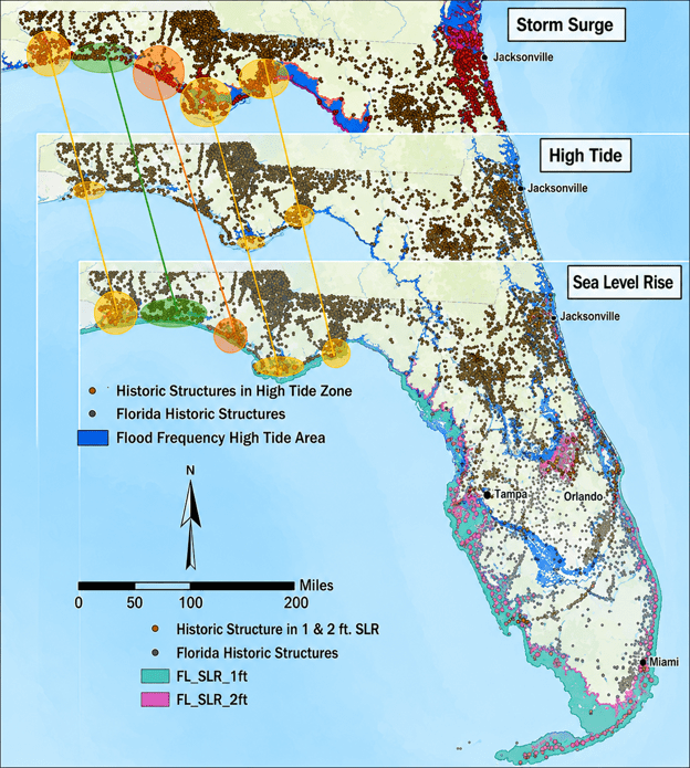 Figure 2: Overlay of risk maps generated through spatial analysis to quantify and identify at-risk cultural resources, focusing on Northwest Florida; Credit: Author