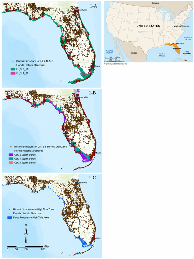 Figure 1: Shows historic structures superimposed with three flooding factors scenarios: 1-A depicts the historic structure superimposed with 2ft sea level rise scenario; 1-B with hurricane categories 1, 4 and 5 induced storm surges scenarios; and 1-C with high tide flooding. The red dots show the historic structures located in each flood zone.; Credit: Author