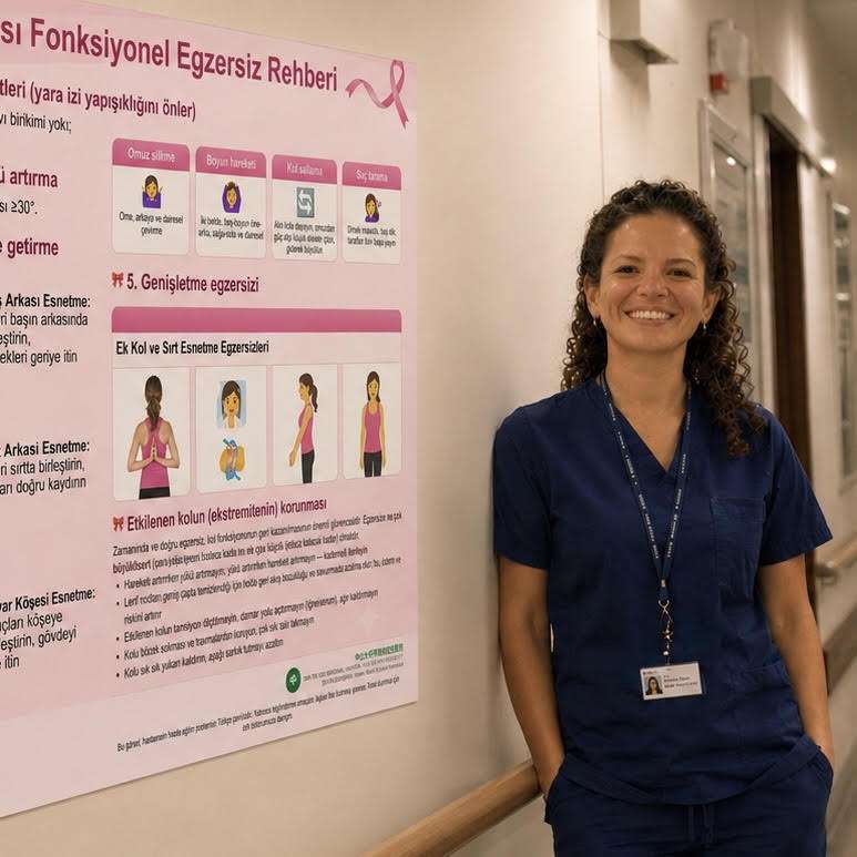 Figure 1: Dr. Merve Tokocin standing beside a post-mastectomy shoulder and arm exercise guide at Istanbul Bagcilar Training and Research Hospital — the same recovery exercises her five-year study highlights as critical for preventing long-term stiffness and lymphoedema.