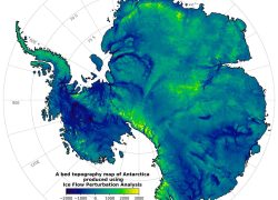 Figure 5. Subglacial topography of the Antarctic continent inferred from Ice Flow Perturbation Analysis (IFPA) of ice sheet surface morphology mapped by orbiting satellites (Ockenden et al. 2026). Bedrock relief of 4−6,000 m (13,000−20,000 ft) is widespread beneath the Antarctic Ice Sheet, including tectonically stable East Antarctica. Preglacial bedrock topography was enhanced by erosion of steep-walled valleys (dark blue) by fast-flowing ice streams, while mountains (yellow) that project upward into colder ice have been little eroded. The bedrock surface would rise hundreds of meters in elevation if the load of the ice sheet was removed by melting. Image courtesy: American Association for the Advancement of Science.