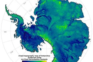 Figure 5.  Subglacial topography of the Antarctic continent inferred from Ice Flow Perturbation Analysis (IFPA) of ice sheet surface morphology mapped by orbiting satellites (Ockenden et al. 2026). Bedrock relief of 4−6,000 m (13,000−20,000 ft) is widespread beneath the Antarctic Ice Sheet, including tectonically stable East Antarctica. Preglacial bedrock topography was enhanced by erosion of steep-walled valleys (dark blue) by fast-flowing ice streams, while mountains (yellow) that project upward into colder ice have been little eroded. The bedrock surface would rise hundreds of meters in elevation if the load of the ice sheet was removed by melting. Image courtesy: American Association for the Advancement of Science.