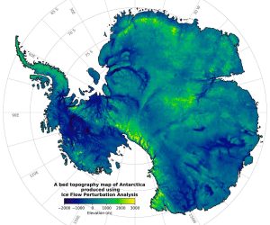 Figure 5. Subglacial topography of the Antarctic continent inferred from Ice Flow Perturbation Analysis (IFPA) of ice sheet surface morphology mapped by orbiting satellites (Ockenden et al. 2026). Bedrock relief of 4−6,000 m (13,000−20,000 ft) is widespread beneath the Antarctic Ice Sheet, including tectonically stable East Antarctica. Preglacial bedrock topography was enhanced by erosion of steep-walled valleys (dark blue) by fast-flowing ice streams, while mountains (yellow) that project upward into colder ice have been little eroded. The bedrock surface would rise hundreds of meters in elevation if the load of the ice sheet was removed by melting. Image courtesy: American Association for the Advancement of Science.