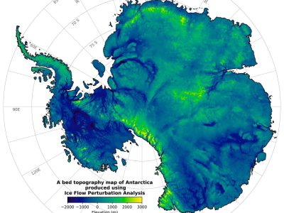 Figure 5.  Subglacial topography of the Antarctic continent inferred from Ice Flow Perturbation Analysis (IFPA) of ice sheet surface morphology mapped by orbiting satellites (Ockenden et al. 2026). Bedrock relief of 4−6,000 m (13,000−20,000 ft) is widespread beneath the Antarctic Ice Sheet, including tectonically stable East Antarctica. Preglacial bedrock topography was enhanced by erosion of steep-walled valleys (dark blue) by fast-flowing ice streams, while mountains (yellow) that project upward into colder ice have been little eroded. The bedrock surface would rise hundreds of meters in elevation if the load of the ice sheet was removed by melting. Image courtesy: American Association for the Advancement of Science.