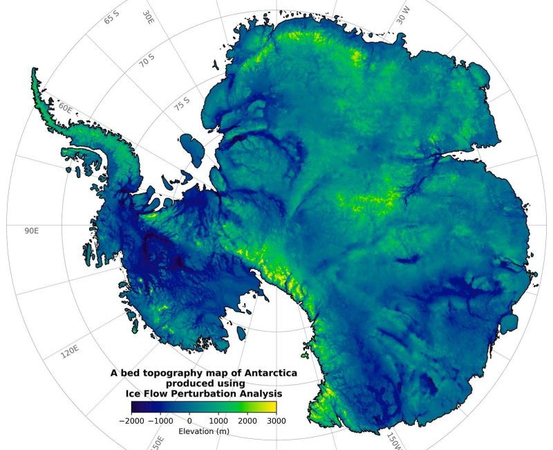 Figure 5.  Subglacial topography of the Antarctic continent inferred from Ice Flow Perturbation Analysis (IFPA) of ice sheet surface morphology mapped by orbiting satellites (Ockenden et al. 2026). Bedrock relief of 4−6,000 m (13,000−20,000 ft) is widespread beneath the Antarctic Ice Sheet, including tectonically stable East Antarctica. Preglacial bedrock topography was enhanced by erosion of steep-walled valleys (dark blue) by fast-flowing ice streams, while mountains (yellow) that project upward into colder ice have been little eroded. The bedrock surface would rise hundreds of meters in elevation if the load of the ice sheet was removed by melting. Image courtesy: American Association for the Advancement of Science.