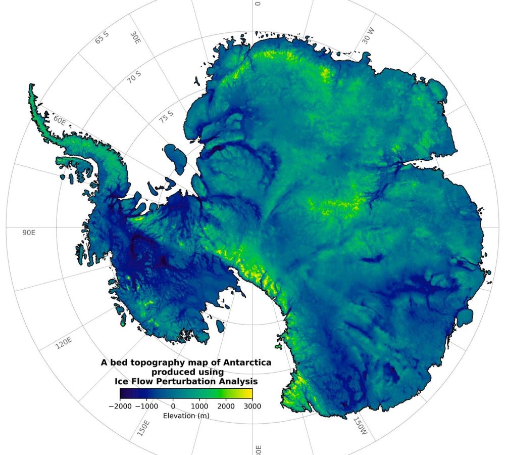 Figure 5.  Subglacial topography of the Antarctic continent inferred from Ice Flow Perturbation Analysis (IFPA) of ice sheet surface morphology mapped by orbiting satellites (Ockenden et al. 2026). Bedrock relief of 4−6,000 m (13,000−20,000 ft) is widespread beneath the Antarctic Ice Sheet, including tectonically stable East Antarctica. Preglacial bedrock topography was enhanced by erosion of steep-walled valleys (dark blue) by fast-flowing ice streams, while mountains (yellow) that project upward into colder ice have been little eroded. The bedrock surface would rise hundreds of meters in elevation if the load of the ice sheet was removed by melting. Image courtesy: American Association for the Advancement of Science.