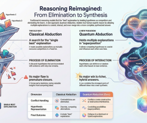 Figure 1. Classical abduction (left) funnels competing hypotheses toward a single survivor; quantum abduction (right) allows them to coexist, interact, and merge into richer, hybrid explanations. Credit. MDPI